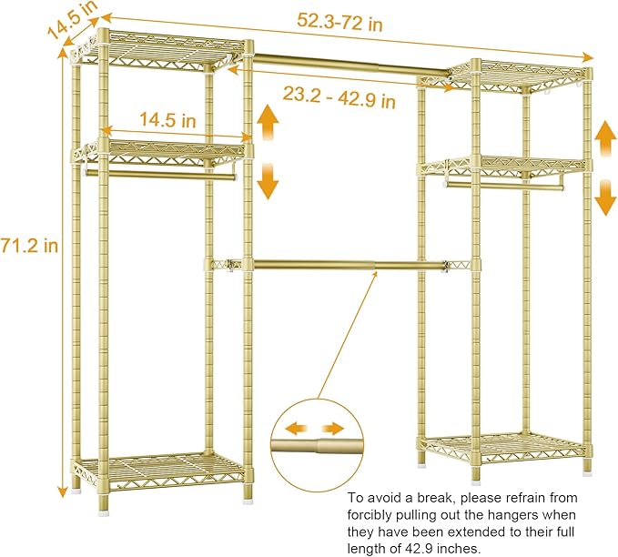 Ulif E7 Garment Rack, Heavy Duty Clothes Storage System with Extendable Hangers Rods, Metal Clothing Rack with 6 Wire Shelves, (52.3"-72") W x 14.5" D x 71.2" H, Load 838lbs, Gold | Metal Clothing Rack with 6 Wire Shelves, Freestanding Portable Closet ...