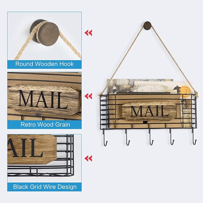 SRIWATANA Mail Organizer Wall Mount, 5 Key Hooks, Large, Carbonized Black | Mail Holder Key Holder for Wall, Hanging Mail Sorter, Letter Basket for Receipts Bills Envelopes, Home & Office Organizer