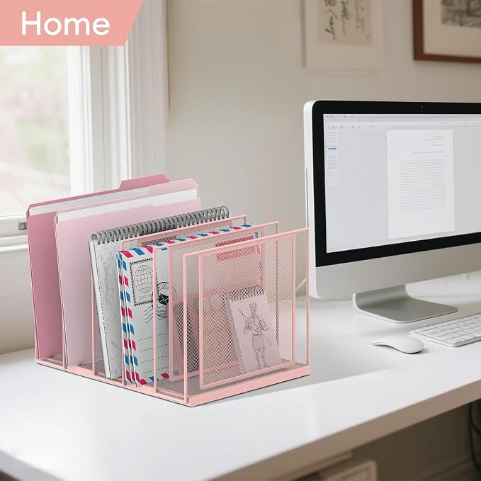 File Organizer for Desk, 5-Section Vertical File Sorter, Paper Holder Organizer Standing Metal File Folder for Office Home Classroom, Pink