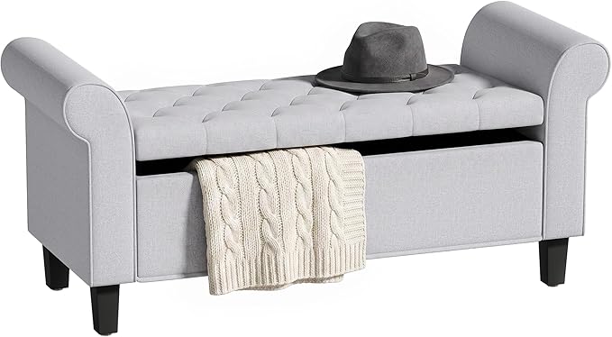 HOMCOM 47" Ottoman wih Storage End of Bed Bench with Rolled Arms Light Gray | Storage Chest, Safety Hinge, Wooden Legs, Upholstered End of Bed Bench, 528 lbs, Bedroom Entryway Living Room