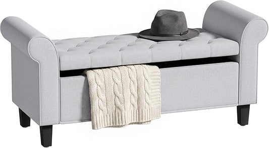 HOMCOM 47" Ottoman wih Storage End of Bed Bench with Rolled Arms Light Gray | Storage Chest, Safety Hinge, Wooden Legs, Upholstered End of Bed Bench, 528 lbs, Bedroom Entryway Living Room