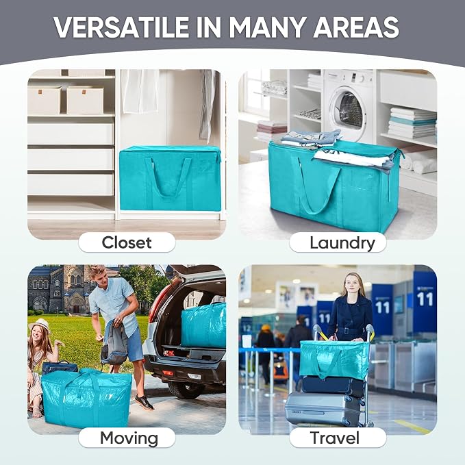 TICONN 2 Pack Extra Large Moving Bags Heavy Duty with Zippers & Carrying Handles, Durable Storage Bags Moving Boxes for Closet Organizers and Storage (2 Pack, Aqua)