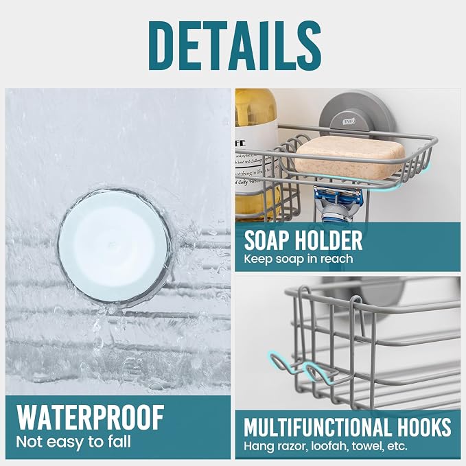 TAILI Shower Caddy Suction Cup with Hooks & Soap Holder | Heavy Duty Shower Organizer, No Drilling Shower Shelves for Inside Bathroom, Metal Storage Holder, Grey