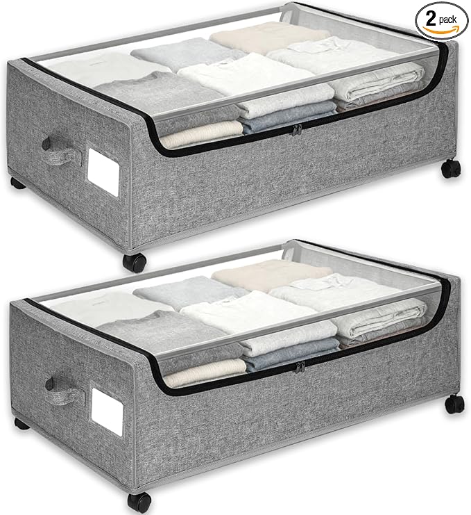 Under Bed Storage with Wheels, 2-Pack Under the Bed Storage Containers with Clear Lids & Label, Underbed Storage Bins, XXXL 85L 11 inches Rolling Metal Drawer for Clothes, Shoes, Toys, Books - Gray