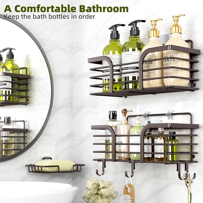 Yougai Shower Caddy, Shower Organizer with Soap Holder and Hooks, Rustproof Shower Shelves, No Drilling Bathroom Organizers and Storage, Wall-Mounted Kitchen & Home Decor (Brown)