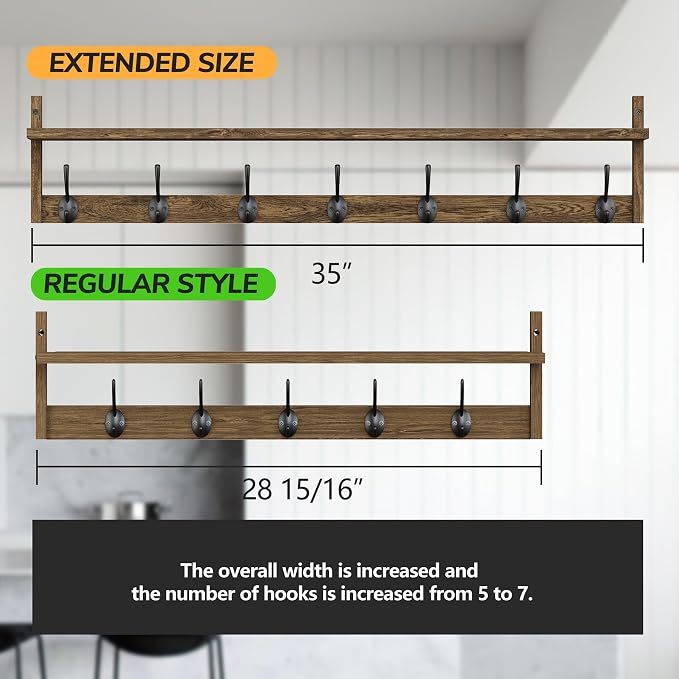 BAMEOS 35" L Wooden Coat Rack Wall Mount, Large Wall Coat Hooks with Shelf, Wall Hanging Shelf with 7 Dual Metal Hooks for Entryway, Bathroom, Kitchen, Living Room, Bedroom