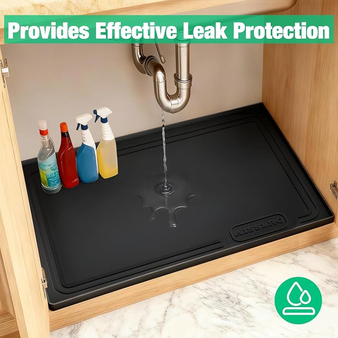Under Sink Mat 22 X 19, Waterproof Silicone Cabinet Kitchen Liner, Black | BPA-Free Raised-Edge Cabinet Protector & Leak Tray for Bathroom Cabinets, Boots, Pet Feeding Dog & Cat Mats, Dishwasher Safe