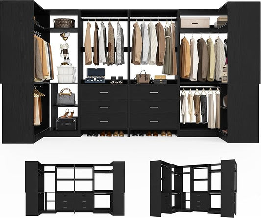 Aheaplus Closet System with 6 Drawers, 6 Hanging Rods & Corner Tower, Corner Closet System with Hanging, 112.5" U-Shaped Walk-In Wardrobe Organizer, 2000+ lbs Capacity, Set of 4, Black