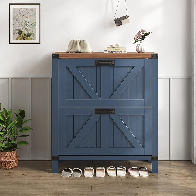 Fluted Shoe Cabinet Storage with 2 Flip Drawers for Entryway, Hallway | Narrow Shoe Rack Freestanding Shoe Organizer with Legs for Entryway，Hallway, Blue