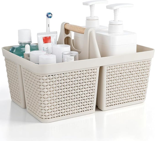 UUJOLY Portable Plastic Shower Caddy Basket with Wooden Handle, Beige | Divided Storage Organizer Tote for Bathroom, Dorm, College, Kitchen & RV – Lightweight, Easy-Carry Essentials Caddy