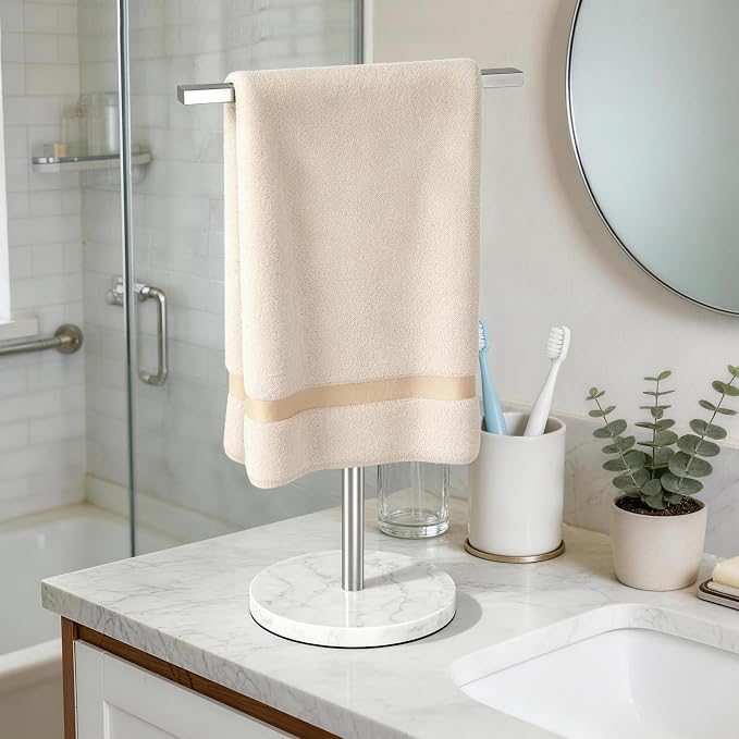 STWWO Hand Towel Stand, 11~18.8IN Adjustable Marble Base Brushed Nickel | for Bathroom, Kitchen & Countertop, T-Shape, Stainless Steel, with Sturdy Base