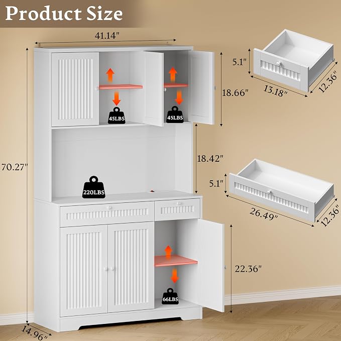 BORNOON Pantry Cabinet with Charging Station and Light, Tall Kitchen Pantry Storage Cabinet with Microwave Stand, Wide Fluted Kitchen Hutch with Storage Drawers and Adjustable Shelves for Dining Room