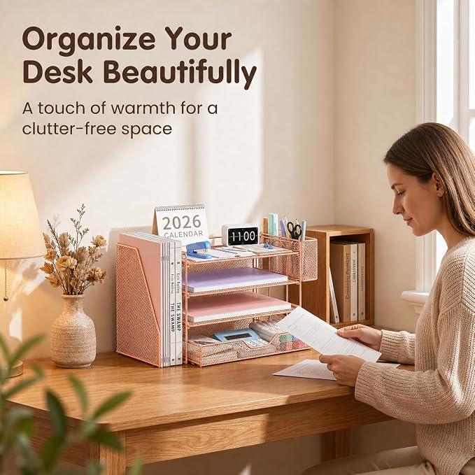 OPNICE Desk Organizer, 4-Tier Desktop File Organizer with Drawer and Pen Holders, Office Desk Accessories, File Sorters, Workspace Organizers for Office Supplies(Rose Gold - Metal Pen Holder)