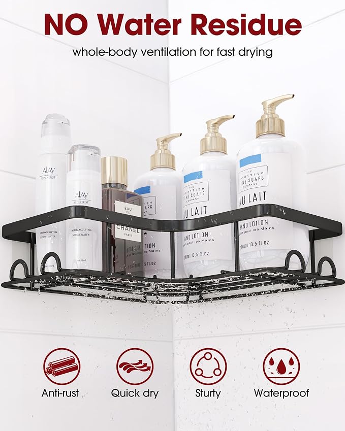 Sakugi Corner Shower Caddy - 2 Pack, Adhesive Shower Organizers, Rustproof Stainless Steel Shower Shelves with 8 Hooks, No Drilling Bathroom Organizers and Storage Racks, Space-Saving, Black, Large