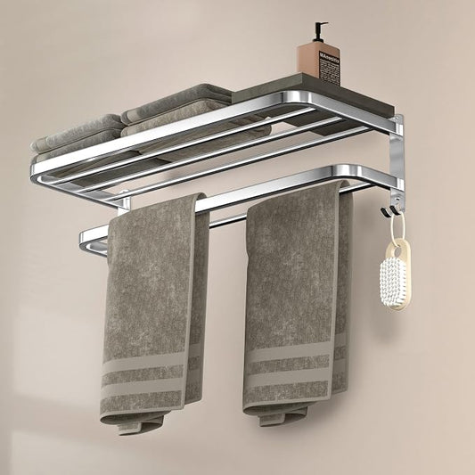 23 Inch Bathroom Towel Rack Towel Shelf with Double Towel Bars Lavatory Wall Mount Holder with Hooks Stainless Steel Hotel Bath Rack