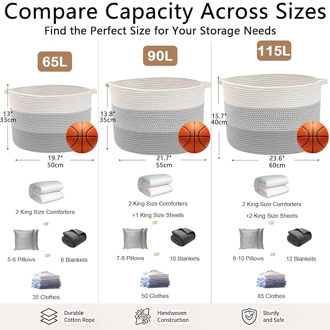 115L Extra Large Blanket Basket,Woven Rope Laundry Basket-Grey | Collapsible, reinforced handles, nursery storage bin organizes clothes, toys and pillows for living room, bedroom bathroom