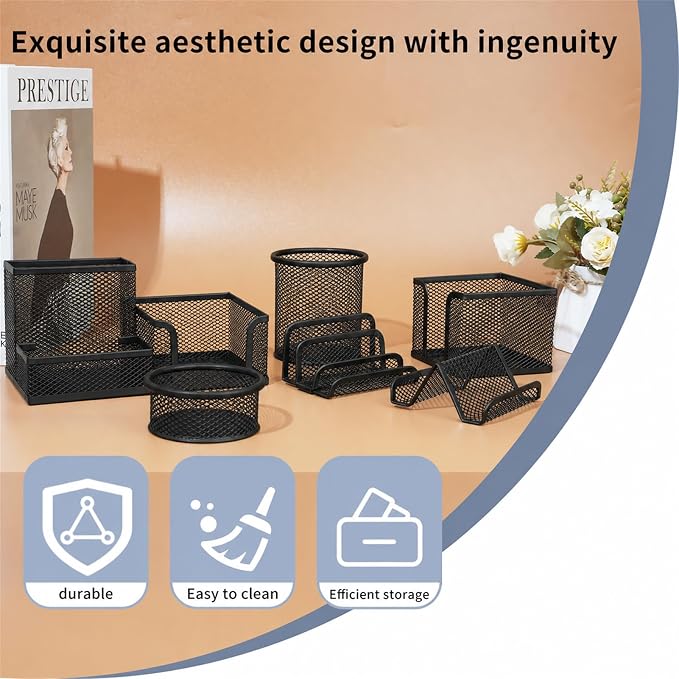 Desk Organizer for Office, 6 Pieces Mesh Desk Multi-functional Storage Set Office Supplies Accessories (Black)