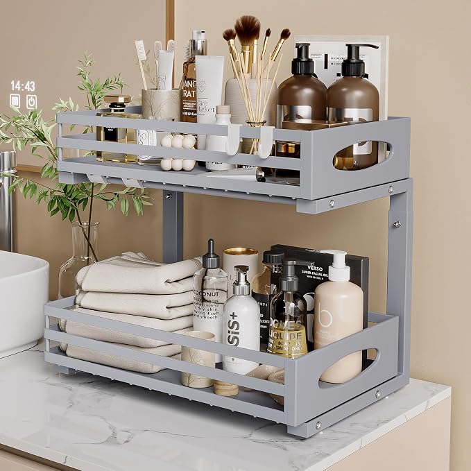 Under Sink Organizer, 2 Tier Under Sink Organizers and Storage, Adjustable Height, Slide out Metal Cabinet Organizers, Pull out Cabinet Storage Drawer Shelf for Kitchen Bathroom (Gray, 1 Pack)