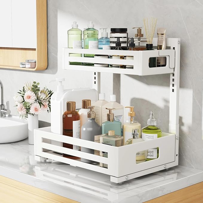 2 Pack Under Sink Organizer,Pull Out Cabinet Organizer With Smooth Cylindrical Rail,Metal Slide Out Drawer for Kitchen Bathroom Laundry Cabinet,8-Level Tool Free Height Adjustable-White