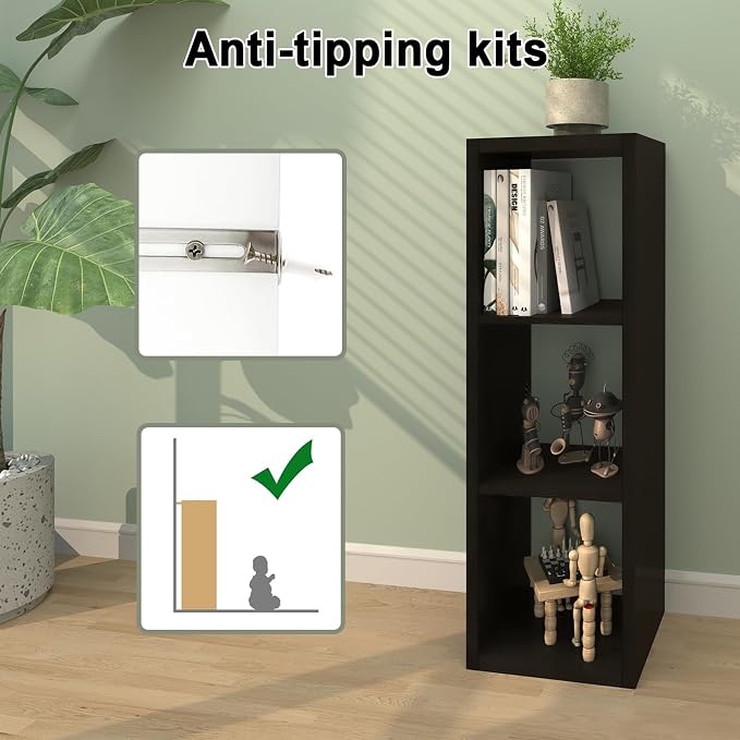 CTESNE【2026 Wooden Thick Frame 3 Cube Storage Organizer Shelf with Anti-Tipping Kits + Reversible Open Back Bookcase, Horizontal and Vertical Dual-use（Chocolate,11inch）