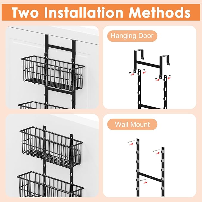 Hongtamoya Adjustable Over the Door Organizer, Metal Hanging Door Organizer with 5 Wire Basket 7 Hooks, Wall Mounted Shelf for Pantry Laundry Organization and Storage, Black