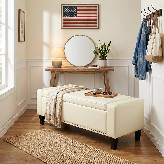 AKMAKM 49''W Storage Ottoman Bench, 30 Gallons End of Bed Bench, Faux Leather, Mid Century Modern, Upholstered Bench with Storage and Seat for Entryway, Living Room, Holds up to 350 lb, White