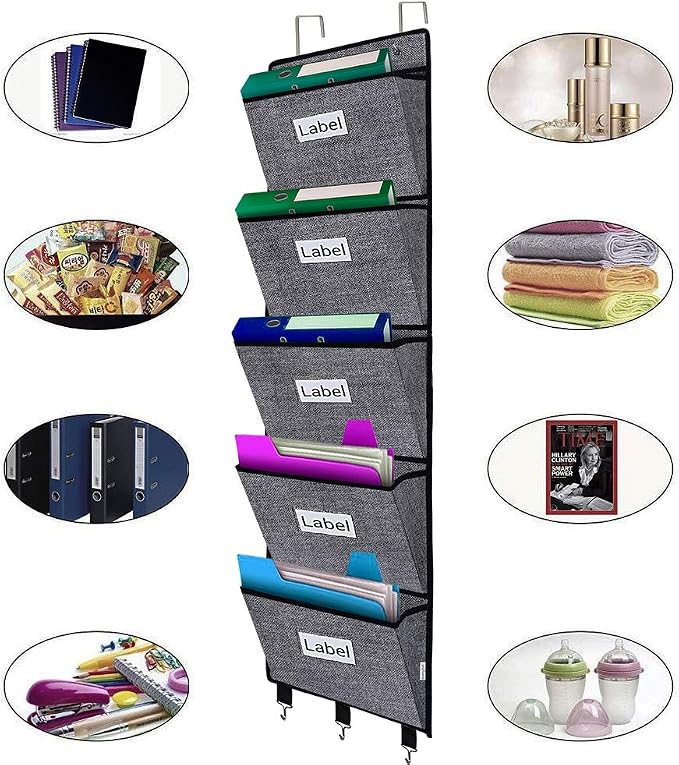 Over the Door File Organizer Hanging File Folders, Wall Organizers and Storage for Mail, Magazine, Notebooks, Planners, Office, Classroom, 5 Extra Large Pockets (Black with Pattern)