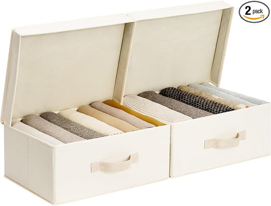 StorageWorks Storage Bins with Lid, Decorative Fabric Storage Bins with Handles, Stackable Closet Organizers for Shelves and Bedroom, Small, Beige(Cotton Linen), 2-Pack