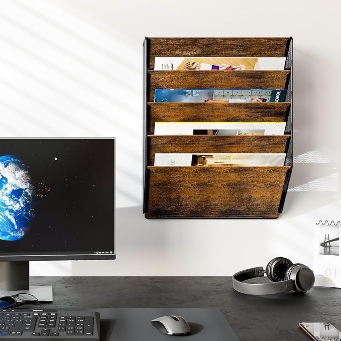 Wall File Organizer for Office, 5-Tier Rustic Hanging File holder Wall Storage Rack for Documents/Magazine/Literature/File Folders/Mails/Envelopes, Brown