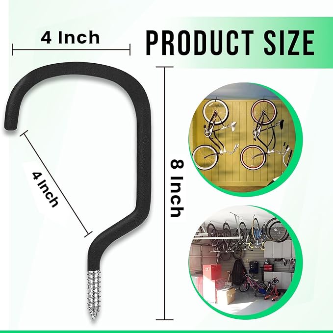 4Pcs Heavy Duty XL Garage Bike Storage and Utility Hooks-8 Inches | Vinyl coated, Anti slip, Stainless steel, Anti rust, Garage Wall, Ceiling Hooks for Hanging Bicycle, Hose, Cord, Garden Tools