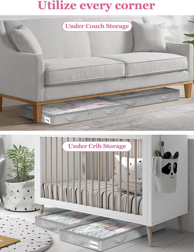 3-in Low Profile Under Bed Storage, No Structure, 2-Pack, Gray | 3" Ultra-Slim, Clear Lid, Reinfoced Handles & Smooth Zips, Dustproof & Waterproof, for Low Bed, Couch, Crib Storage