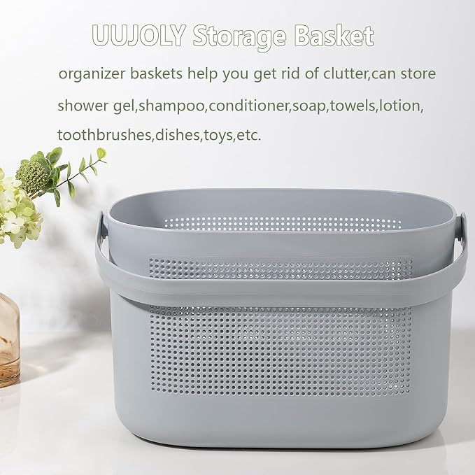 Plastic Portable Shower Caddy Basket, Storage Organizer with Handle, Gray | Bottom Drain Holes, Keep Dry, Sturdy and Durable, Easy to Carry for Bathroom, Kitchen, Dorm Room, RV, College