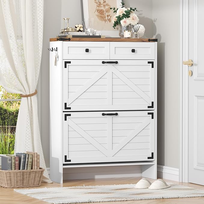 Shoe Cabinet with 2 Flip Drawers and Deodorizing Function, Hidden Shoe Storage Cabinet with 2 Pull-out Drawers, Farmhouse Shoe Organizer for Entryway, Narrow Shoe Rack for Front Door Entrance, White
