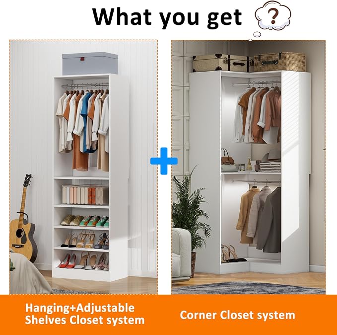 Closet System with 2 Sets, 5FT-10FT Closet Organizer System with 5 Hanging Rods& Adjustable Shelves, Corner Walk in Closet Free Standing Closet System, Modular Closet System, White