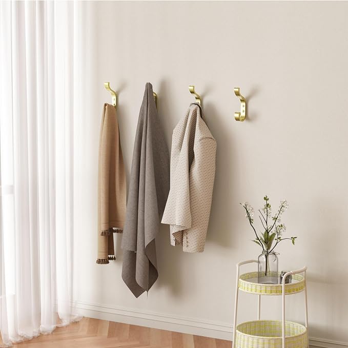 Gold Wall Hooks for Hanging Coats: Metal Mount - Large Heavy Duty (30 Lb) - Screw In - Mudroom for Clothes, Backpack, Purse, Bathroom Towel, 6 Pack
