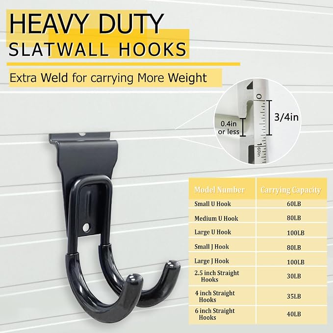KOFANI 22PK Black Heavy Duty Steel Slatwall Hooks for Panel Storage Rack | Wall Hooks Geavy Duty for Hanging Bike, Ladder, Garden Tools,Broom,Hose，Anti-Slip Coating Garage Wall Organization