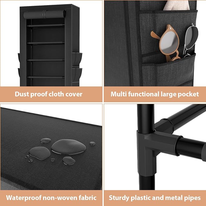 VTRIN Vertical Narrow Shoe Rack Organizer 10 Tier Tall Shoe Shelf Holds 20-22 Pairs with Non-Woven Dustproof Cover for Closet, Entryway Black