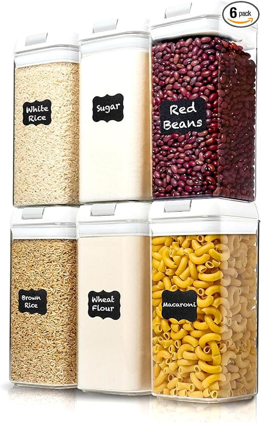 Shazo Airtight Food Storage Containers with Lids - 6 PC BPA Free Clear Plastic Cereal Containers with Easy Lock Lids for Kitchen and Pantry Organization for Snacks and Pasta - 1.2 L