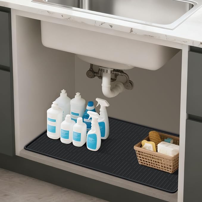 24" x 24" Under Sink Mat for Kitchen Waterproof Raised Edge Black | Under Sink Organizer Silicone Mat Sink Protector Silicone Organizers Tray for Kitchen Bathroom