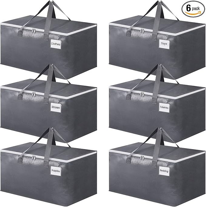 BlissTotes Large Moving Bags, Storage Bags, 76L-6 Pack | Moving Bags with Zipper, Handles Moving Supplies with lids, Heavy Duty Totes for Storage Bags, Space Saving, Moving Totes
