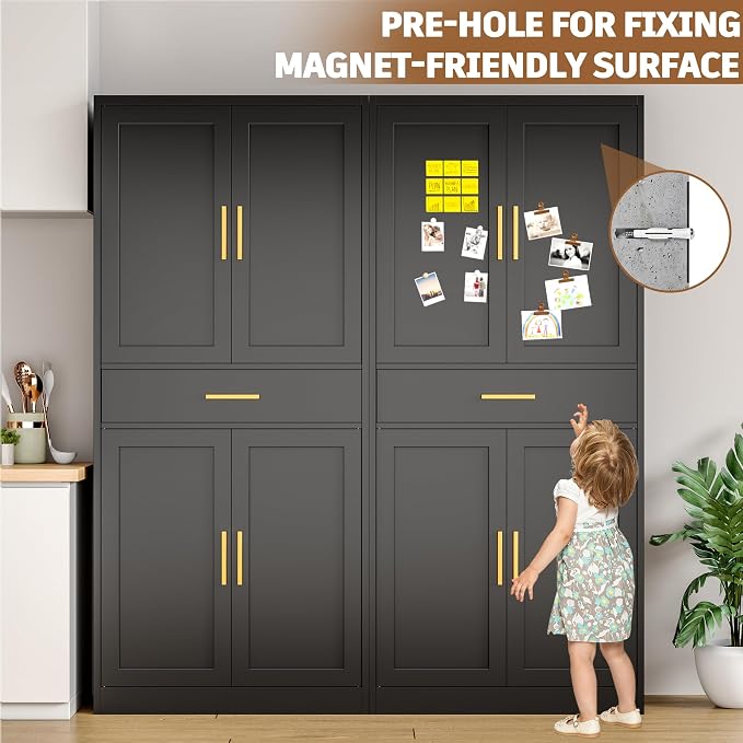 71”Tall Kitchen Pantry Cabinet, Metal Storage Cabinet with Doors and Shelves (Black, 1 Drawer)