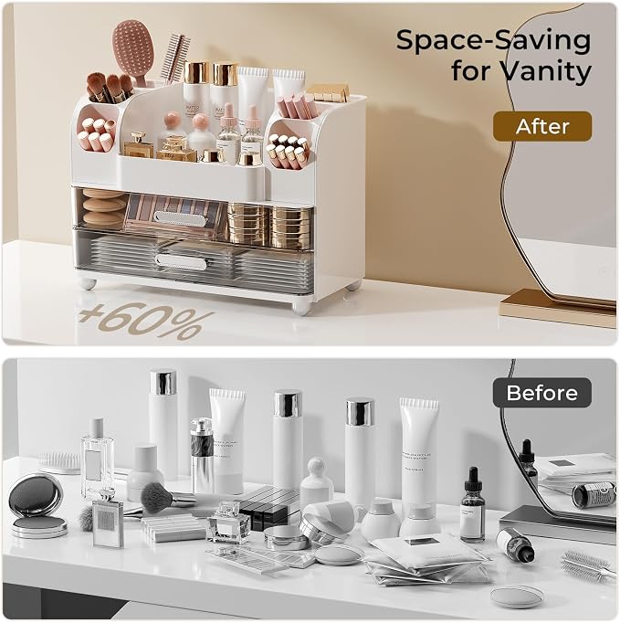 UFORU Makeup Organizer Countertop with 2 Large Drawers for Vanity Bathroom | Brush Holder, Large Capacity, Thickened Plastic, Compact Footprint, Space-Saving Design, Easy Clean, Ideal for Dorm Rooms