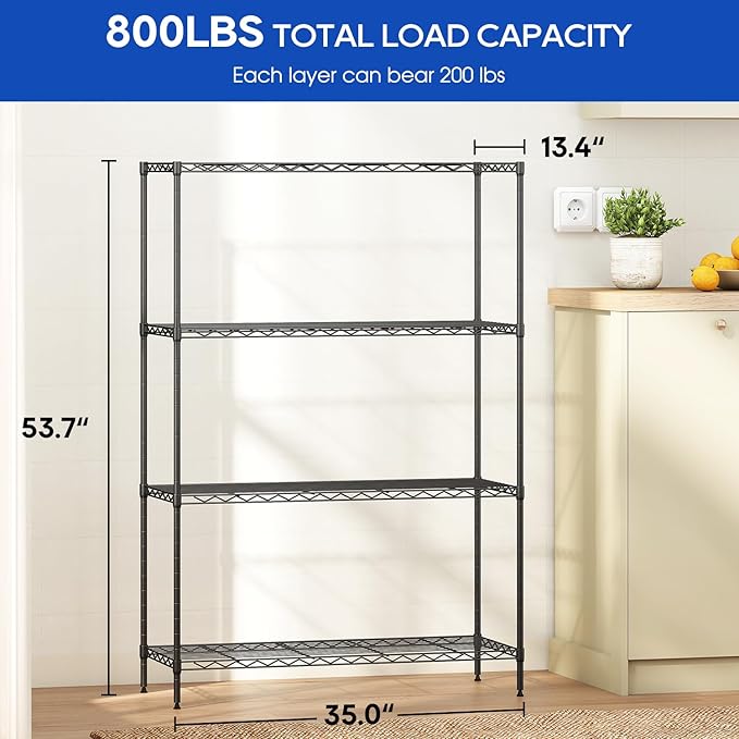 FDW | 4-Tier Wire Shelf | 35" x 13" x 53" | Black | Storage Shelves with Adjustable Racks, Holds upto 800 lbs | Rust-Resistant, No-Tool Assembly | For Home, Garage