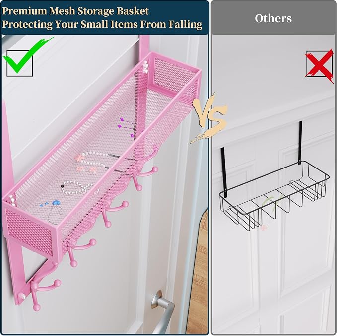 Consumest Over The Door Hooks Organizer - 2 Tier Over Door Hanger with 16 Hooks & 2 Baskets for Hanging Coat, Clothing, Towel, Back Storage for Bathroom, Closet, College Dorm, Pink