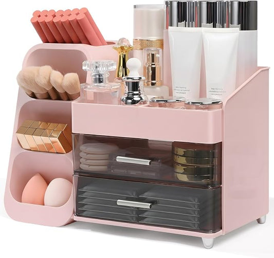 Makeup Organizer for Vanity with Brush Holder and 2 Drawers, Pink | Large-Capacity Makeup Holder Organizes Skincare, Cosmetics and Daily Beauty Products for Tidy Vanity and Bathroom Counters