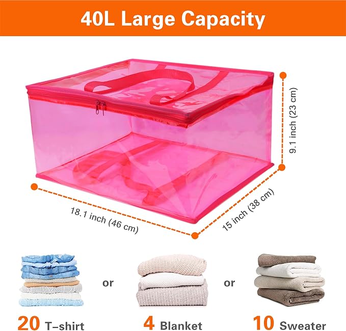 Vieshful Pink 40L Clear Clothes Storage Bag with Zipper 5 Pack | Colorful Clothes Organizer Vinyl Storage Bag for Comforter, Blanket, Bedding, Duvet, Transparent Moving Totes