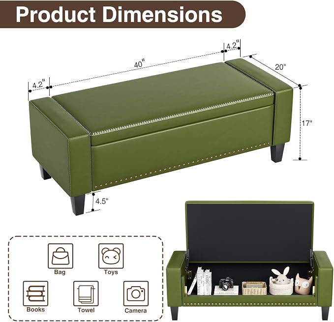 AKMAKM 49''W Storage Ottoman Bench, 30 Gallons End of Bed Bench, Faux Leather, Mid Century Modern, Upholstered Bench with Storage and Seat for Entryway, Living Room, Holds up to 350 lb, Green