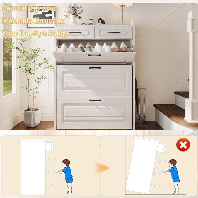 ODUWA Shoe Cabinet with 3 Flip Drawers and 2 Storage Drawers, Shoes Organizer Cabinets with Adjustable Divider, Hidden Shoe Storage Cabinet for Entryway, Hallway, Living Room, White