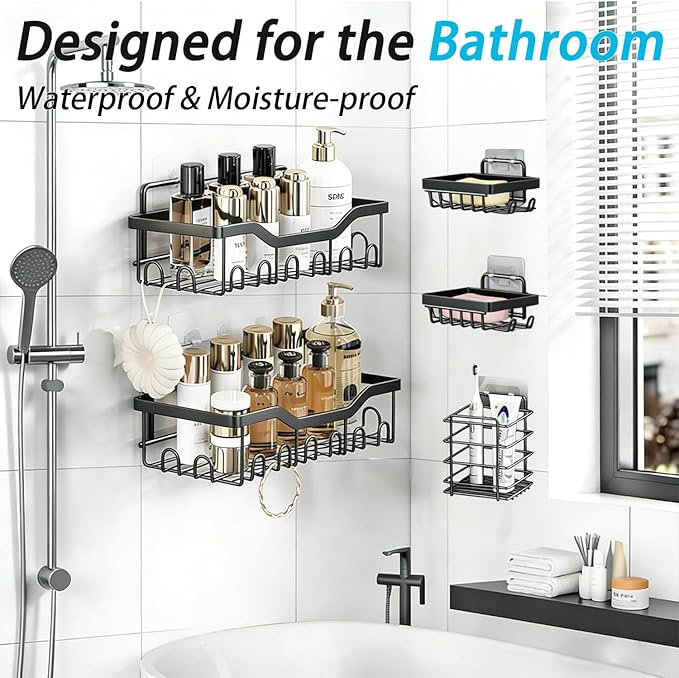 Fammart Adhesive Shower Caddy, 5-Pack Rustproof Stainless Steel Bathroom Organizer with 28 Hooks, No-Drill Large Capacity Shower Shelves for Bathroom Storage & Home Décor, Black