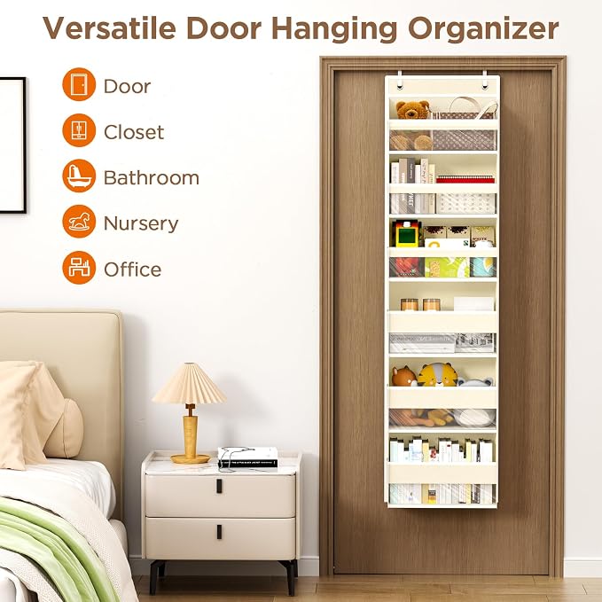 Over The Door Organizer, 6 Tiers Behind The Door Storage Hanging Shelves | Heavy Duty Hanging Organizer Storage with Large Capacity Pockets for Closet Wall Bathroom Bedroom Nursery Pantry, 1 Beige